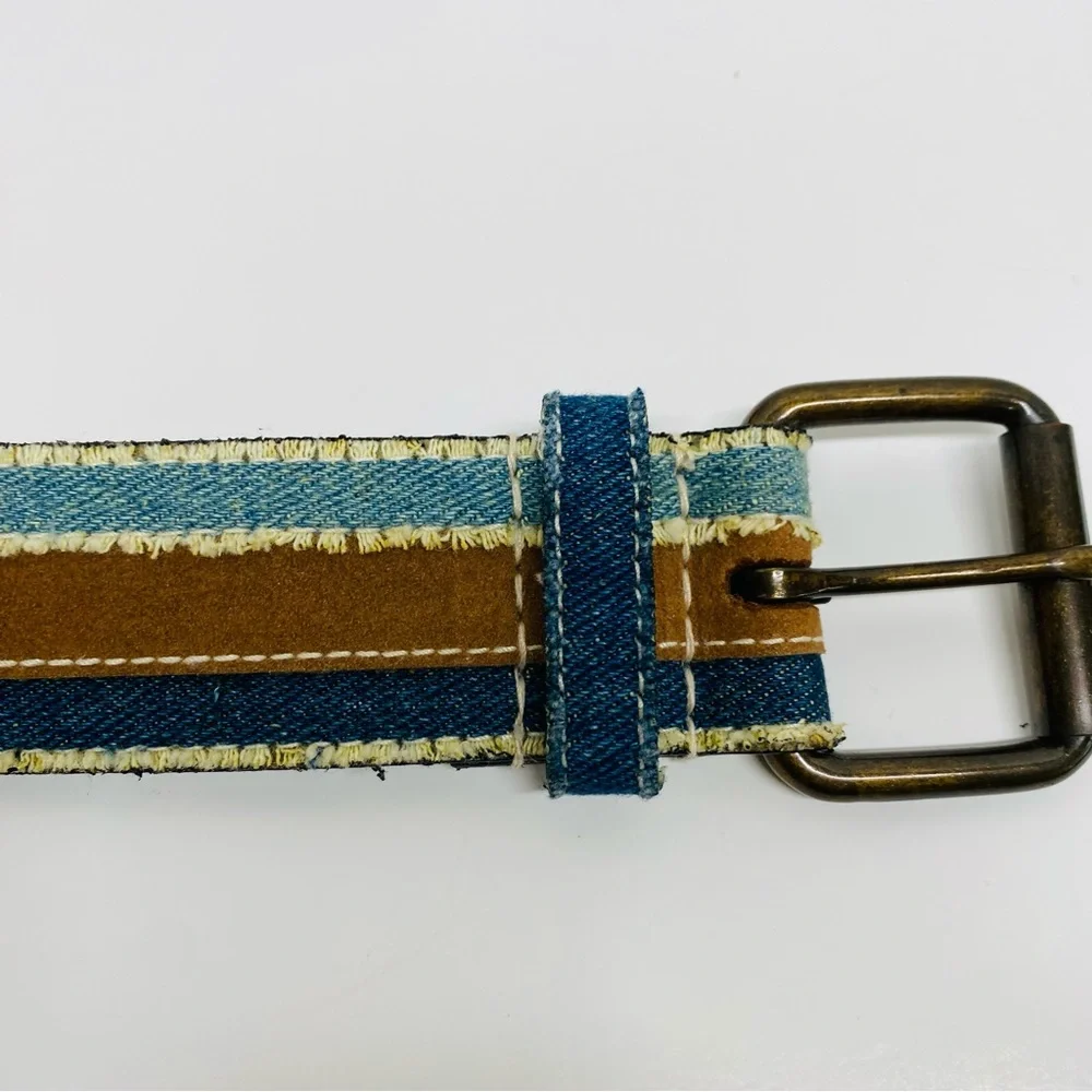 Vintage Belt Denim & Faux Leather Size XL Frayed Boho Casual Blue Brown Trendy
